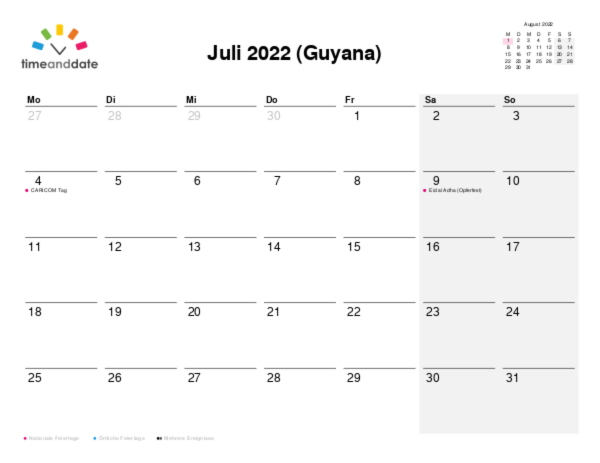 Kalender für 2022 in Guyana