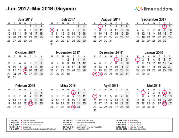 Kalender für 2017 in Guyana