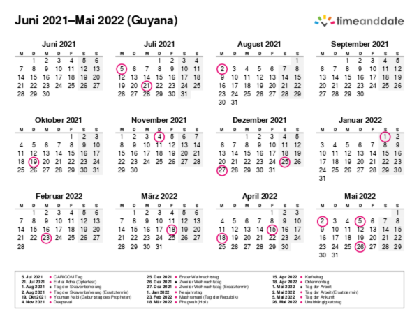 Kalender für 2021 in Guyana