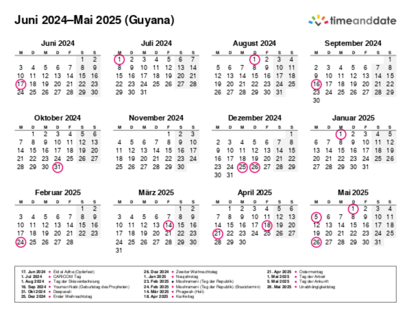 Kalender für 2024 in Guyana