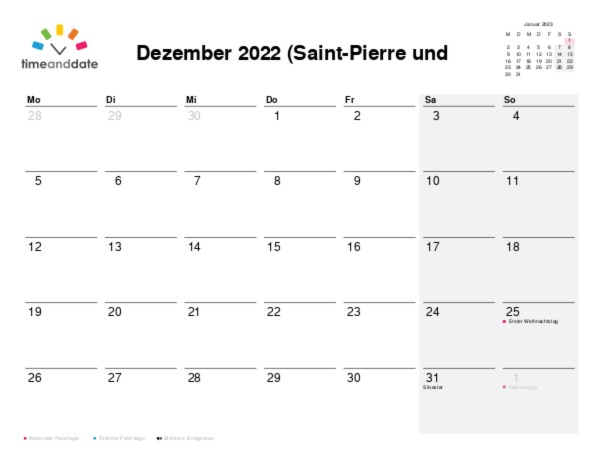 Kalender für 2022 in Saint-Pierre und Miquelon