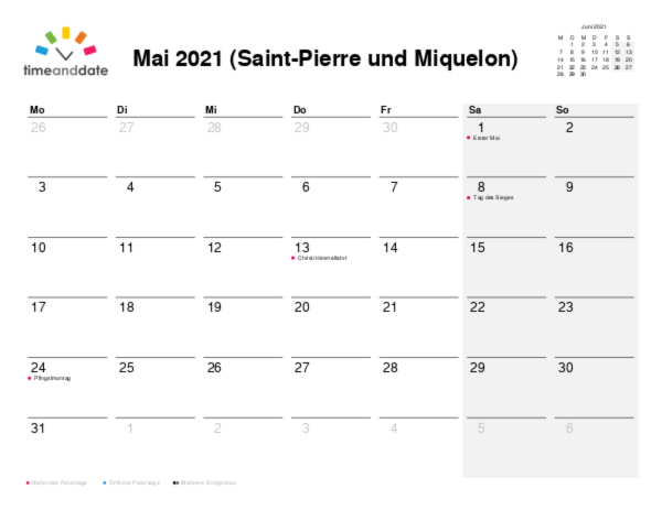 Kalender für 2021 in Saint-Pierre und Miquelon