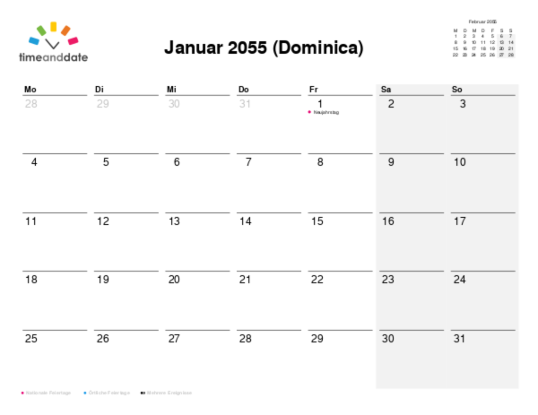 Kalender für 2055 in Dominica