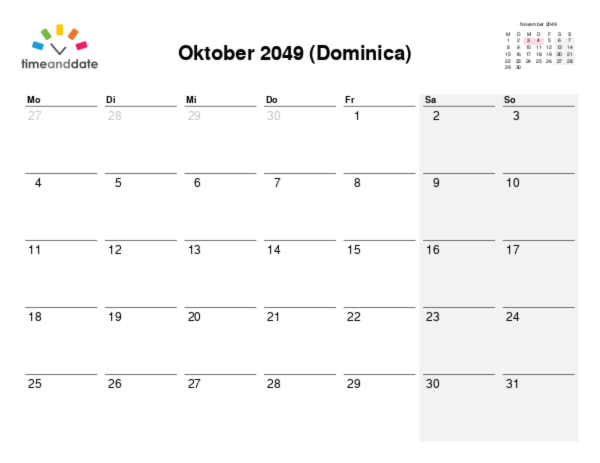 Kalender für 2049 in Dominica