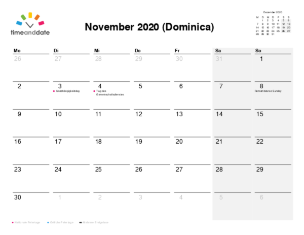 Kalender für 2020 in Dominica
