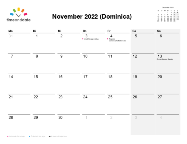Kalender für 2022 in Dominica