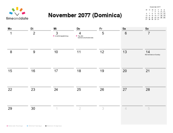 Kalender für 2077 in Dominica