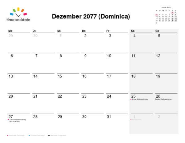 Kalender für 2077 in Dominica