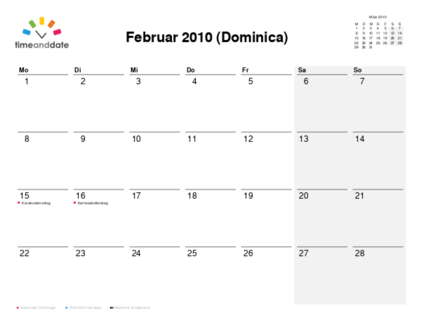 Kalender für 2010 in Dominica