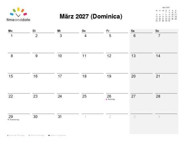 Kalender für 2027 in Dominica