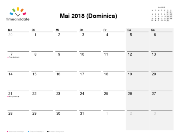 Kalender für 2018 in Dominica