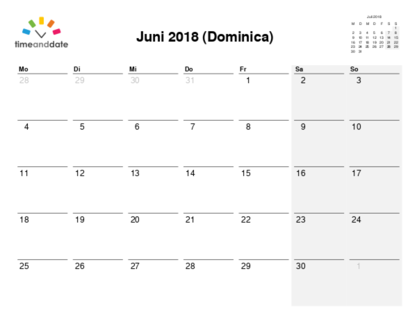 Kalender für 2018 in Dominica