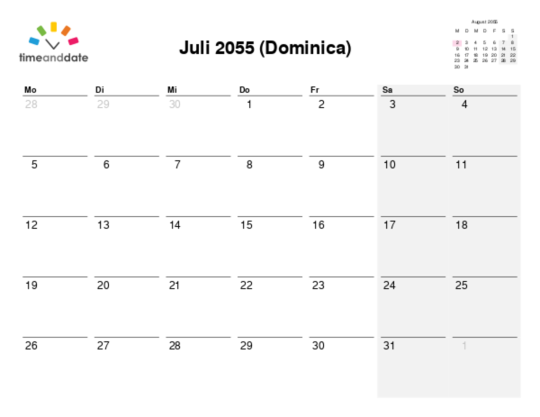 Kalender für 2055 in Dominica