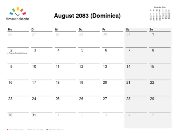 Kalender für 2083 in Dominica