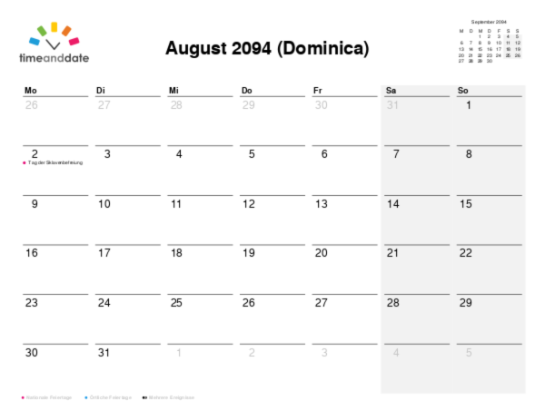 Kalender für 2094 in Dominica