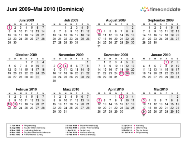 Kalender für 2009 in Dominica