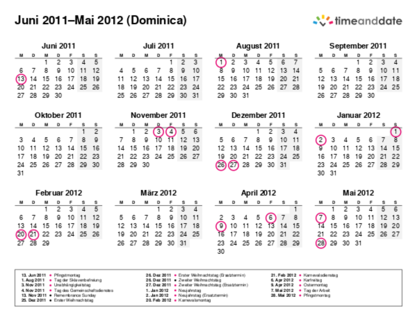 Kalender für 2011 in Dominica