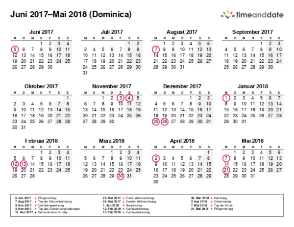 Kalender für 2017 in Dominica