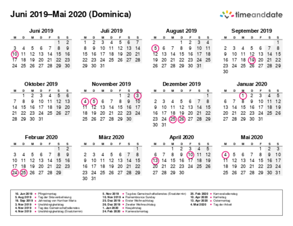 Kalender für 2019 in Dominica