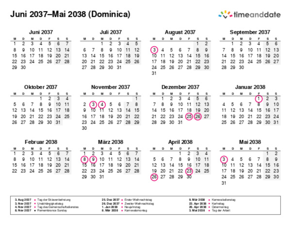 Kalender für 2037 in Dominica