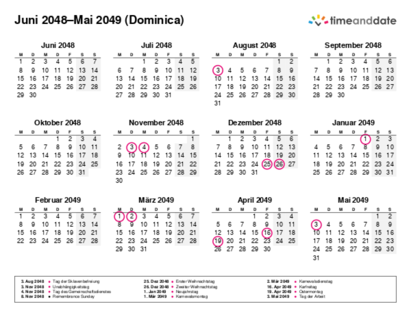 Kalender für 2048 in Dominica