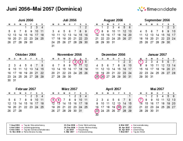 Kalender für 2056 in Dominica