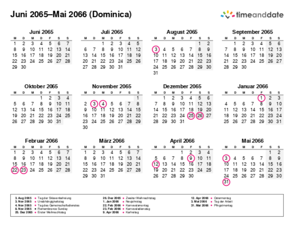 Kalender für 2065 in Dominica