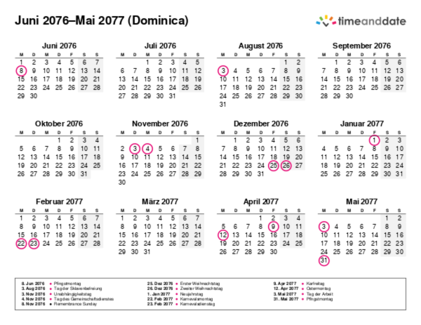 Kalender für 2076 in Dominica