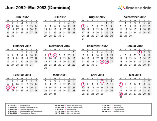 Kalender für 2082 in Dominica