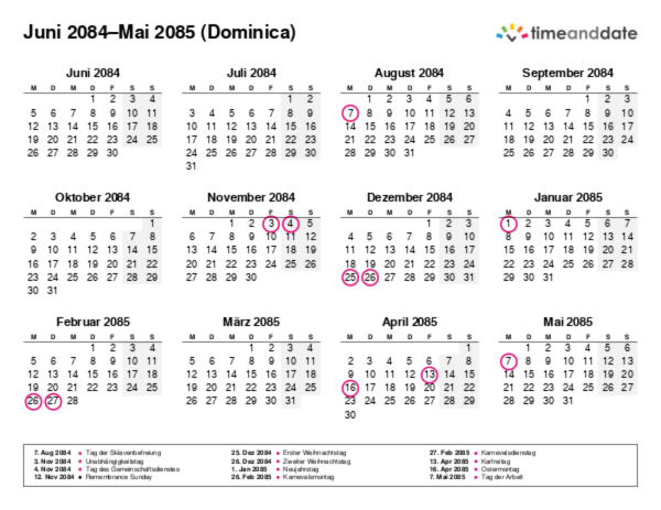 Kalender für 2084 in Dominica