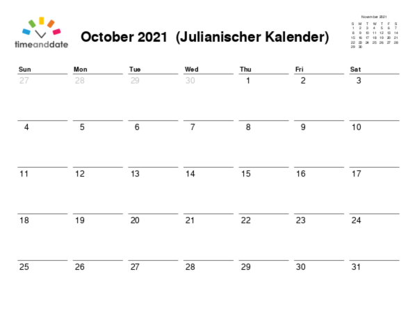 Kalender für 2021 in Julianischer Kalender