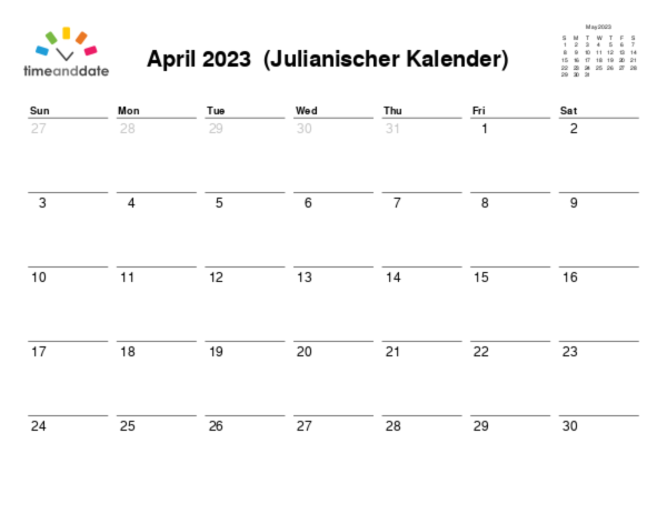 Kalender für 2023 in Julianischer Kalender