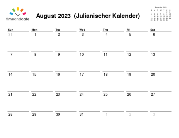 Kalender für 2023 in Julianischer Kalender