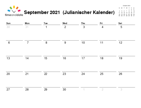 Kalender für 2021 in Julianischer Kalender