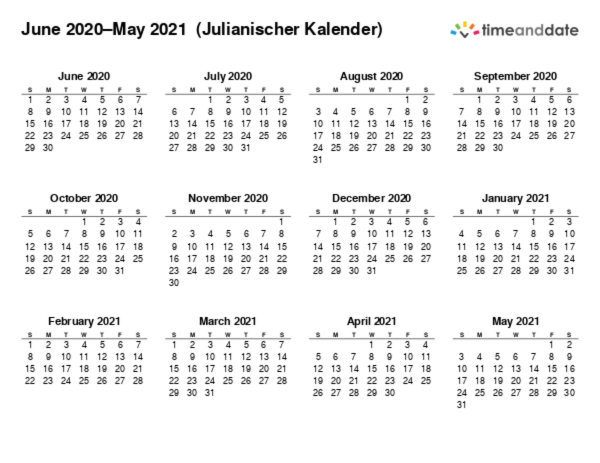 Kalender für 2020 in Julianischer Kalender