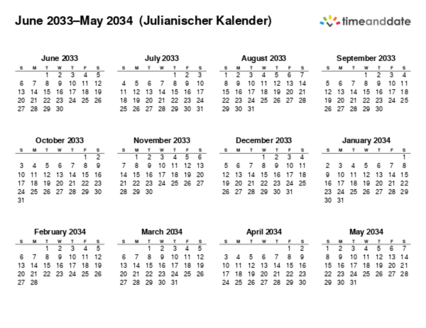 Kalender für 2033 in Julianischer Kalender