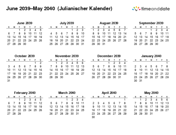 Kalender für 2039 in Julianischer Kalender
