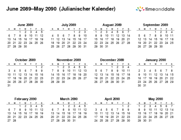 Kalender für 2089 in Julianischer Kalender