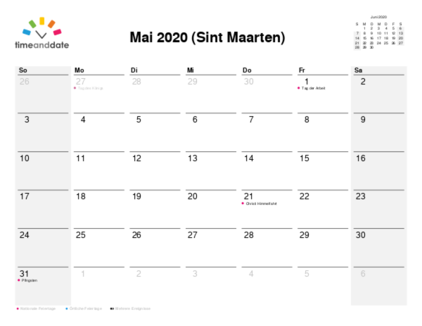 Kalender für 2020 in Sint Maarten