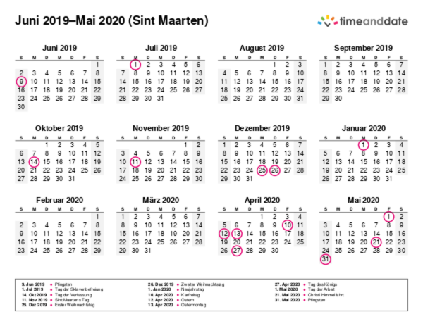 Kalender für 2019 in Sint Maarten