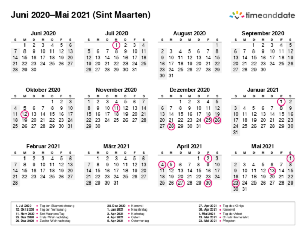 Kalender für 2020 in Sint Maarten