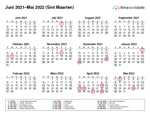 Kalender für 2021 in Sint Maarten