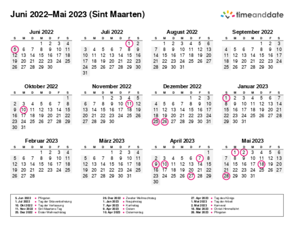 Kalender für 2022 in Sint Maarten