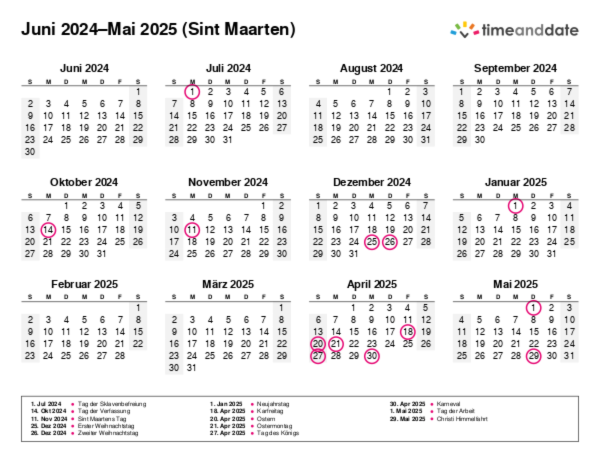 Kalender für 2024 in Sint Maarten