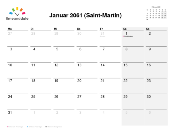 Kalender für 2061 in Saint-Martin