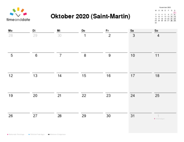 Kalender für 2020 in Saint-Martin