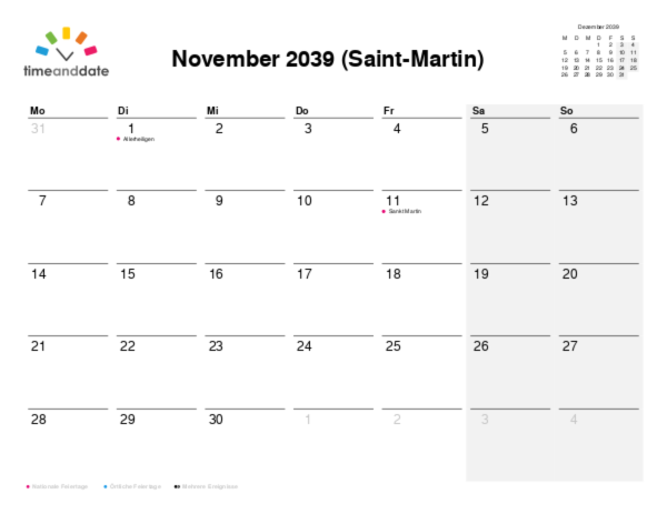 Kalender für 2039 in Saint-Martin