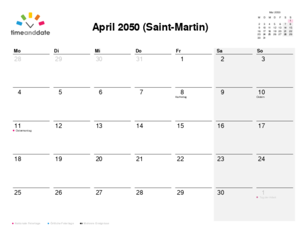 Kalender für 2050 in Saint-Martin