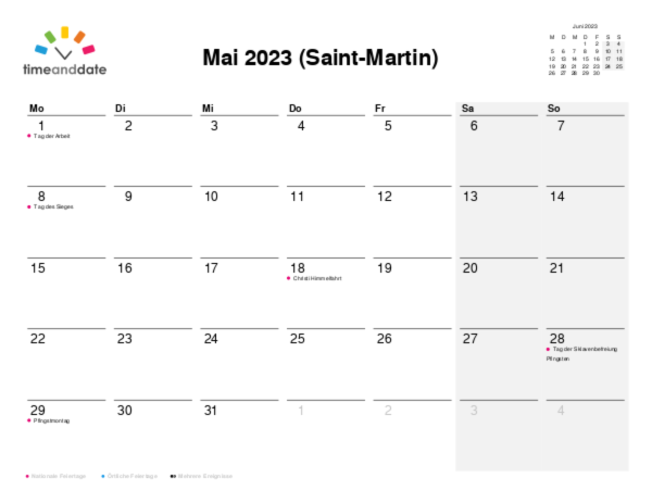 Kalender für 2023 in Saint-Martin