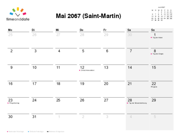 Kalender für 2067 in Saint-Martin